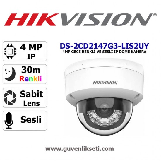 Hikvision DS-2CD2147G3-LIS2UY 4MP 40 metre gece görüşlü sesli dome güvenlik kamerası